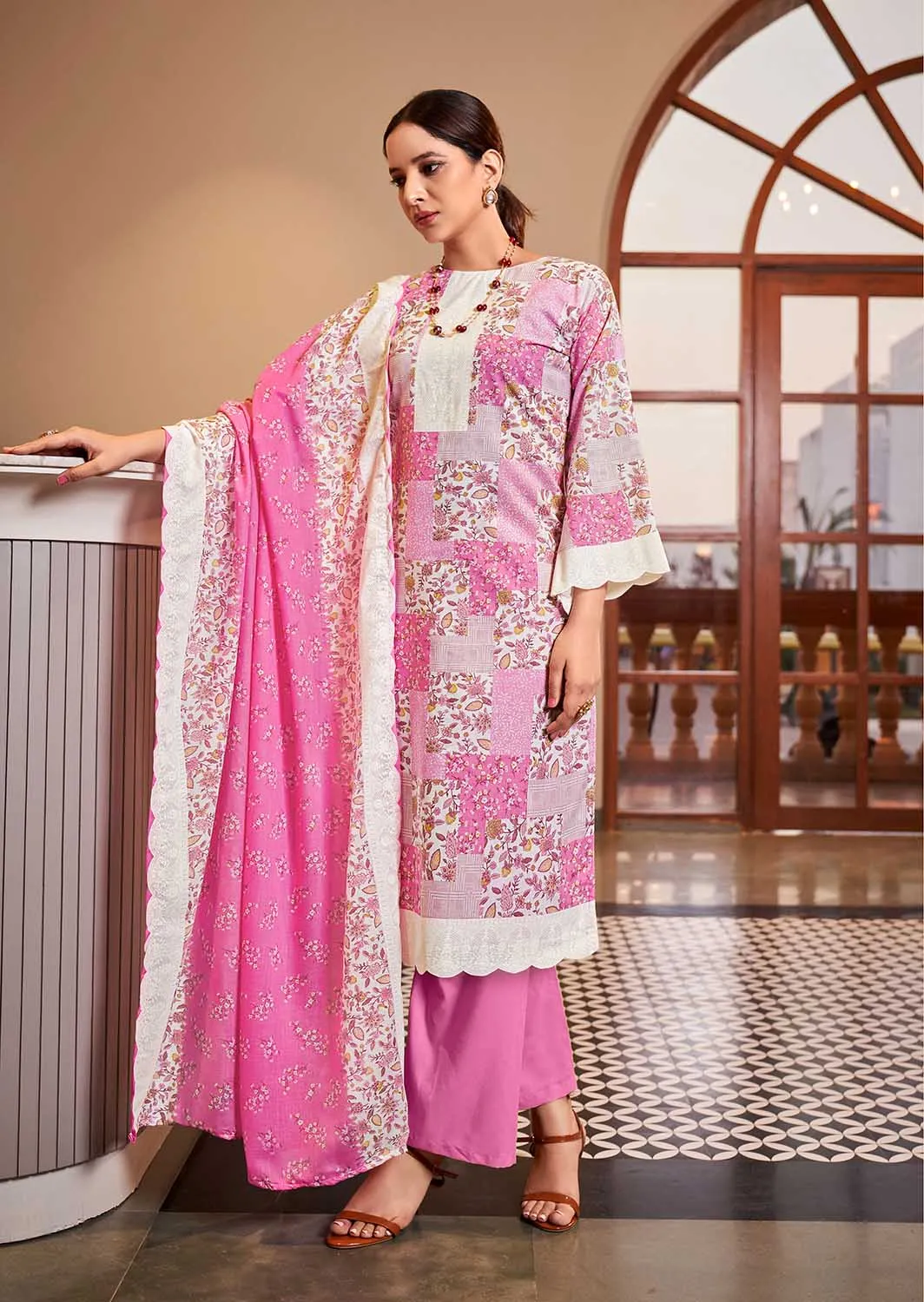 Women Unstitched Printed Pure Cotton Pink Suit Dress Material