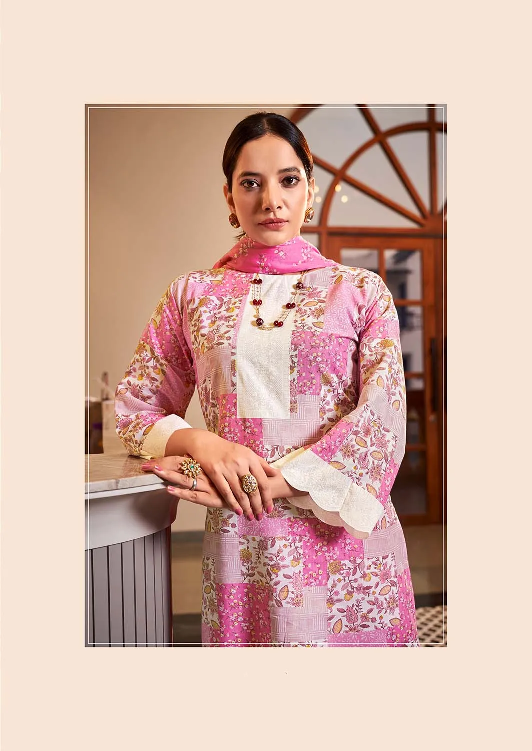 Women Unstitched Printed Pure Cotton Pink Suit Dress Material