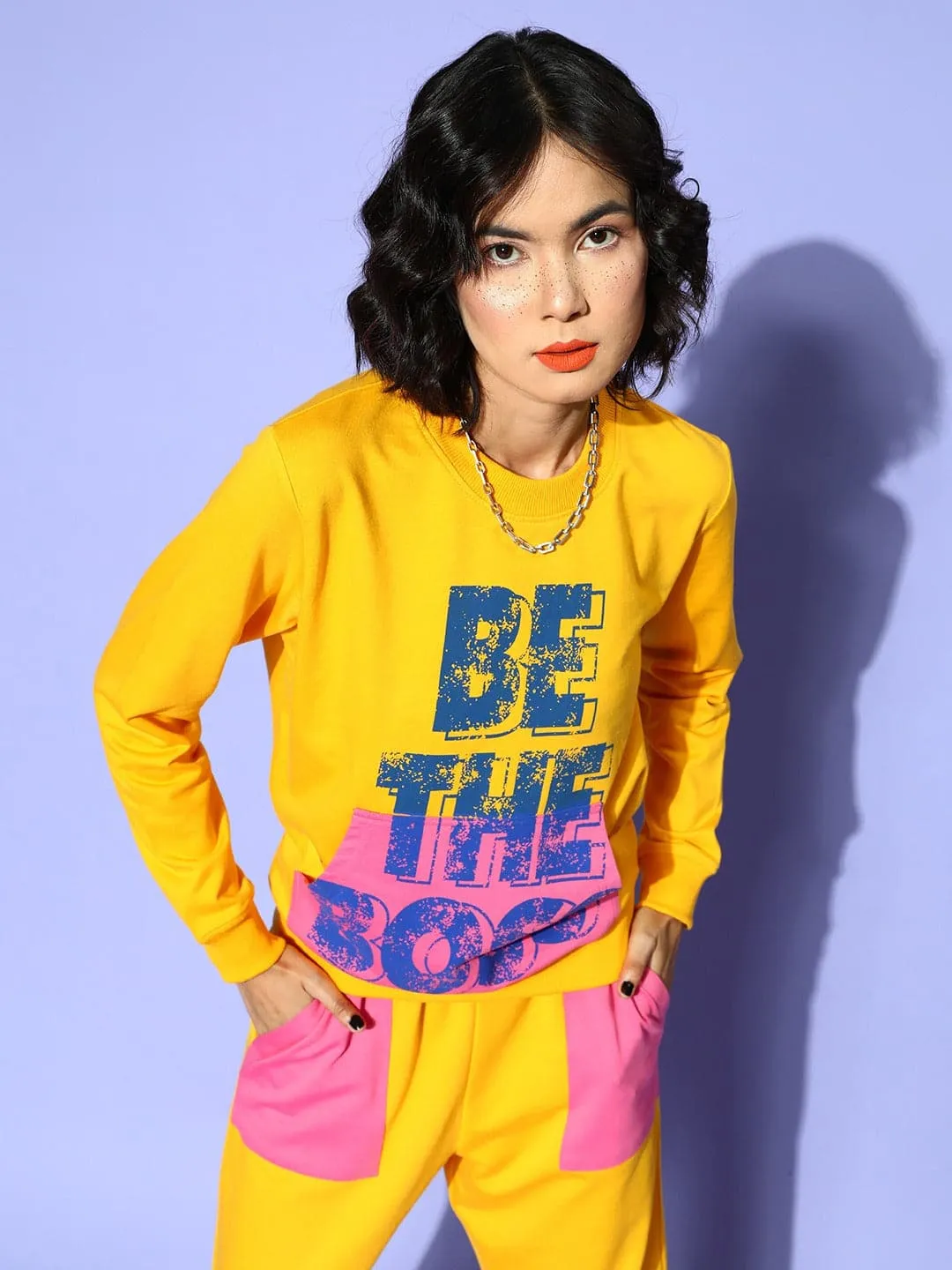 Women Yellow Be The Boss Kangaroo Pocket Sweatshirt