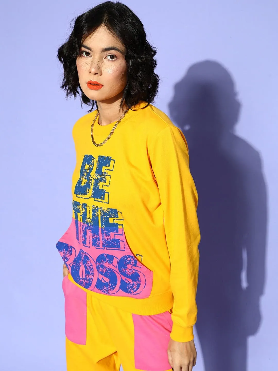 Women Yellow Be The Boss Kangaroo Pocket Sweatshirt