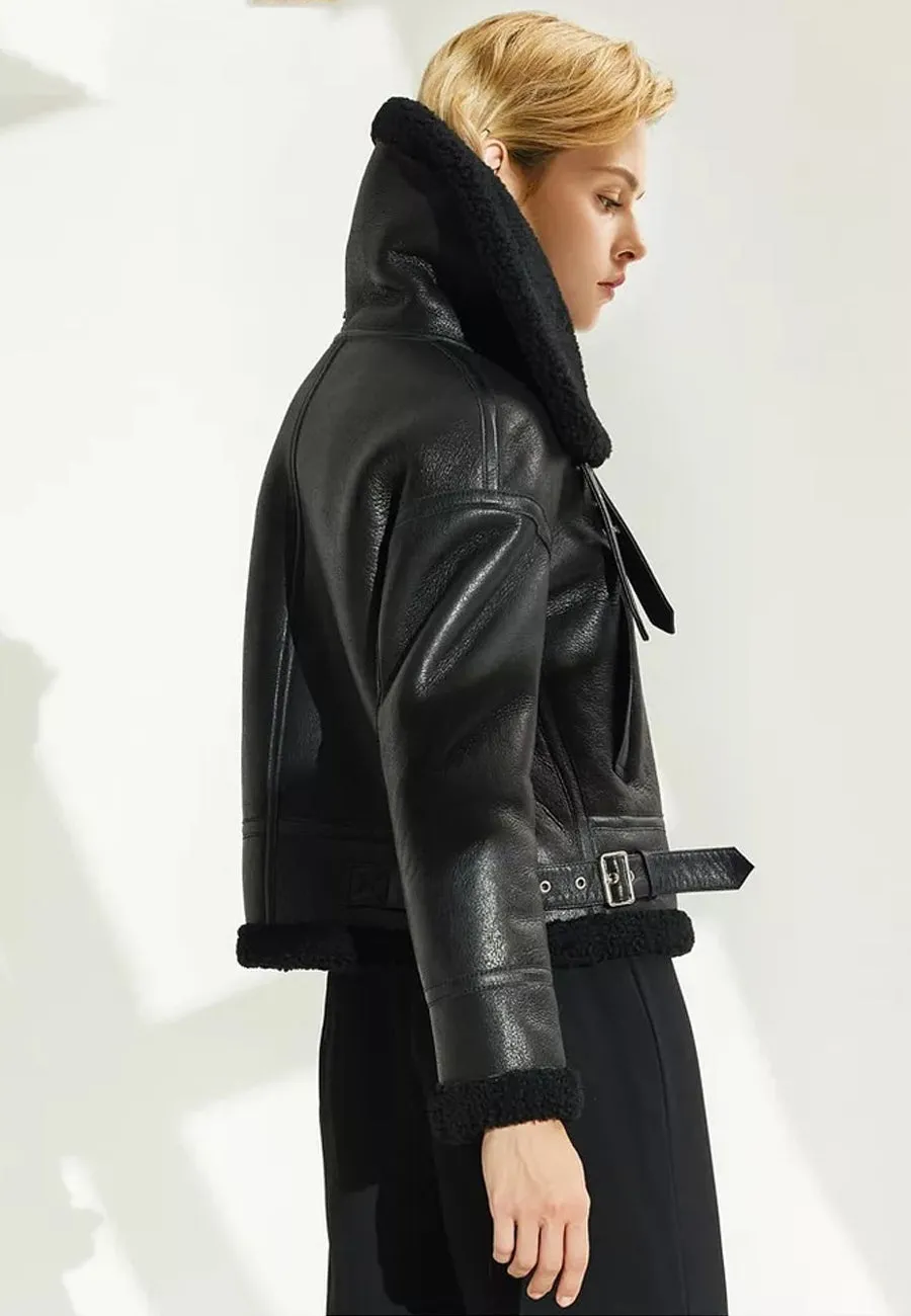 Women’s Black Leather Black Shearling Big Collared Jacket