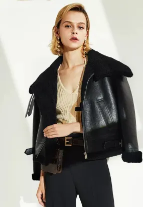 Women’s Black Leather Black Shearling Big Collared Jacket