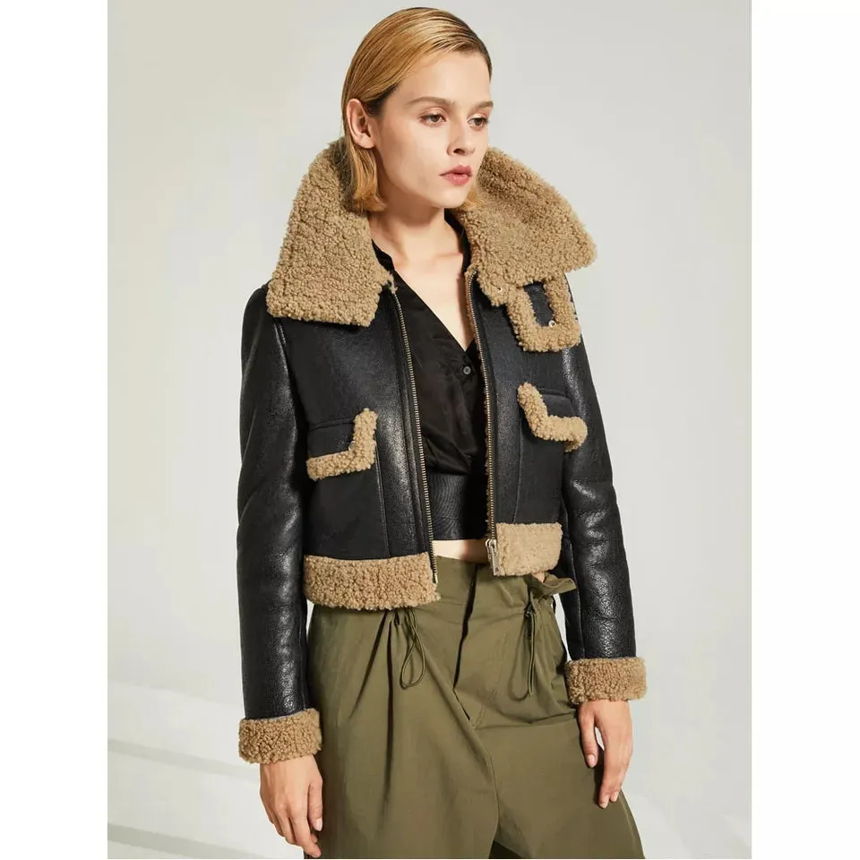 Women’s Black Leather Brown Shearling Big Collared Jacket