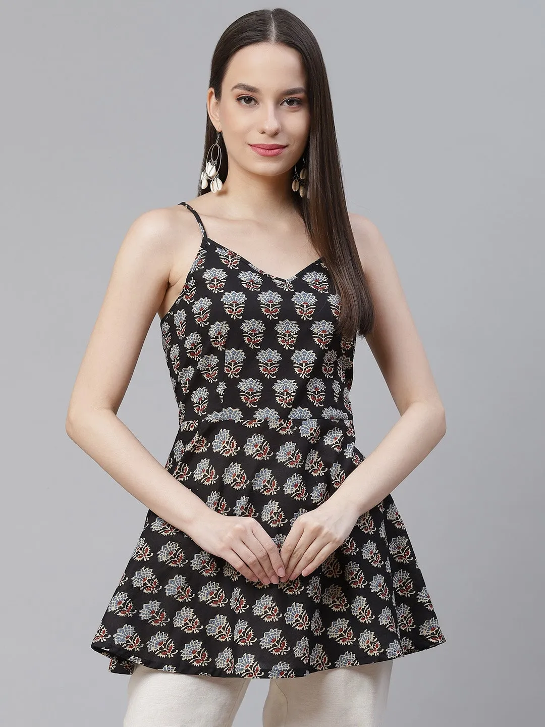 Women'S Block Printed Shoulder Strip Cotton Top