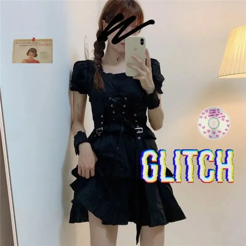 Women's Gothic Lolita Dress Gothic Punk Mall Goth Kawaii Cute Ruffle Bandage Black Mini Dress Emo Clothes Summer