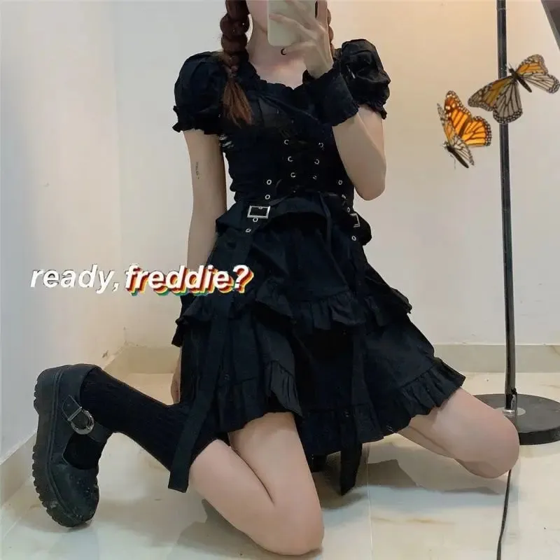 Women's Gothic Lolita Dress Gothic Punk Mall Goth Kawaii Cute Ruffle Bandage Black Mini Dress Emo Clothes Summer