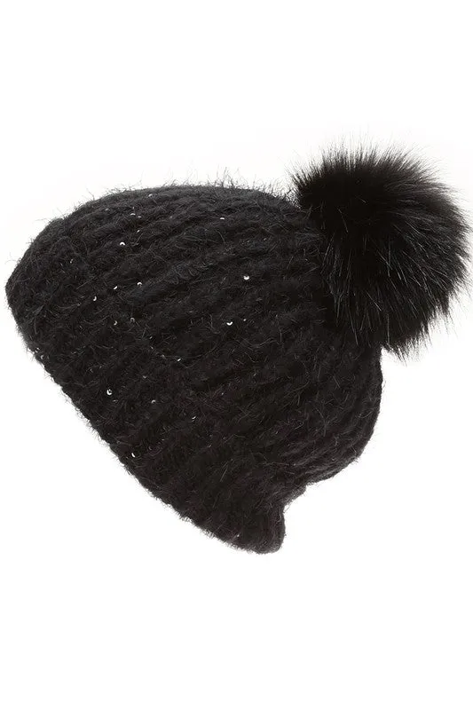 Women's Sequin Cable Knit Sherpa Lined Beanie Hat