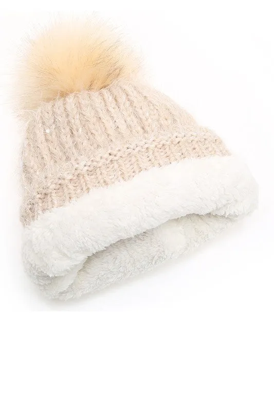 Women's Sequin Cable Knit Sherpa Lined Beanie Hat