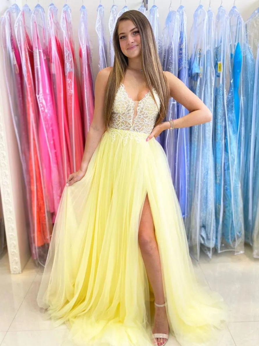 Yellow v neck sequin long prom dress, yellow evening dress