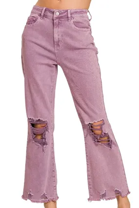 Zenana The Macie Violet High Waist Distressed Straight Pants